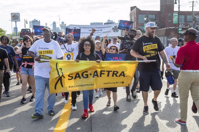 September 4, 2023, Detroit, Michigan, USA: Detroit, Michigan USA - 4 September 2023 - Striking members of SAG-AFTRA, representing Hollywood performers, join Detroit's Labor Day parade. Together with the Writers Guild of America, SAG-AFTRA is on strike aga