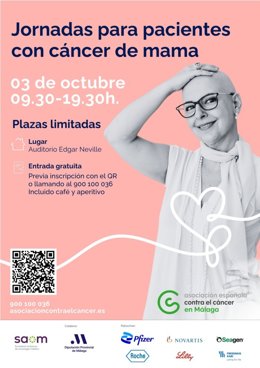 Cartel de una jornada en Málaga sobre herramientas de apoyo a pacientes con cáncer de mama.