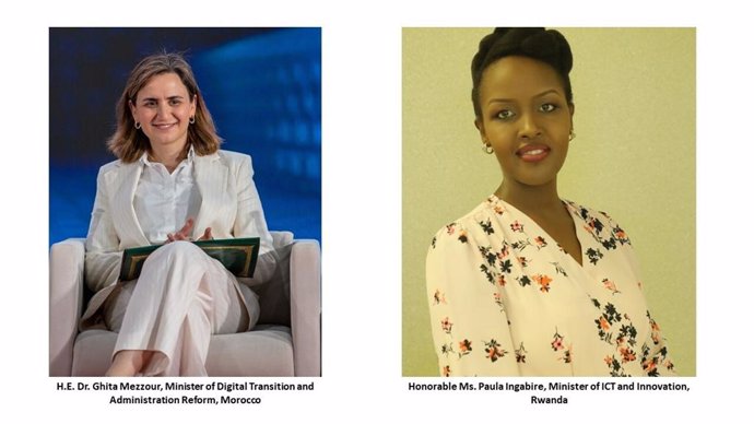 Left: H.E. Dr. Ghita Mezzour, Minister of Digital Transition and Administration Reform, Morocco. Right: Rwandas Minister of ICT and Innovation, Honorable Ms. Paula Ingabire.