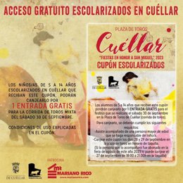 Invitación a menores, para el acceso a un espectáculo taurino, emitida por el Ayuntamiento de Cuéllar.