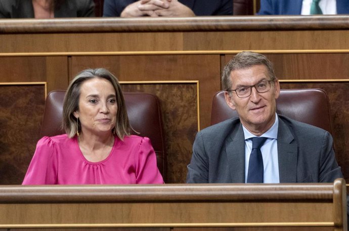 El líder del PP y candidato a la Presidencia del Gobierno, Alberto Núñez Feijóo, y la portavoz del partido en el Congreso, Cuca Gamarra, durante el pleno de investidura del líder del Partido Popular, en el Congreso de los Diputados, a 27 de septiembre d