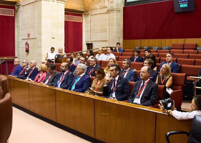 Asistentes en el Pleno del Parlamento andaluz al debate de proyectos de ley de reconocimiento de universidades privadas.