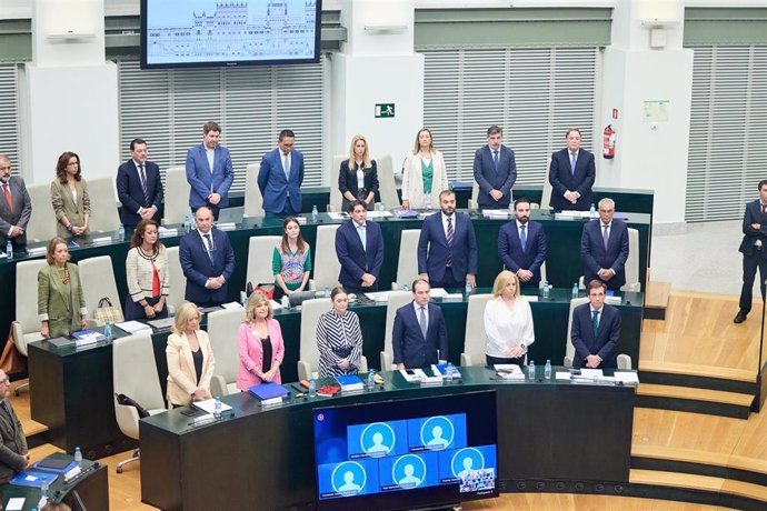 El alcalde de Madrid, José Luis Martínez-Almeida (en primera fila, 1d) junto al resto de la bancada popular durante el Pleno del Ayuntamiento de Madrid, en el Palacio de Cibeles