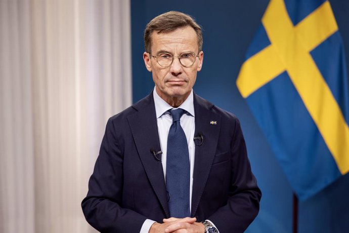 STOCKHOLM, Sept. 29, 2023  -- Sweden's Prime Minister Ulf Kristersson delivers a speech to the nation in Stockholm, Sweden, on Sept. 28, 2023. In a televised address to the nation on Thursday evening, following some of the bloodiest weeks in Swedish mod