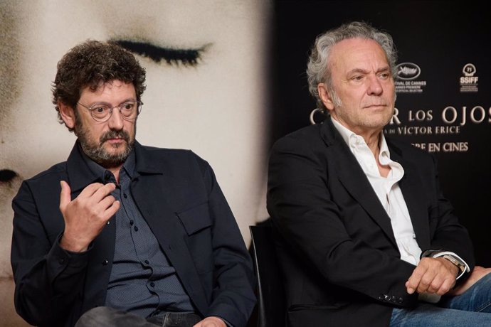 El director de cine Víctor Erice (i) y el actor José Coronado (d) durante una entrevista para presentar su película Cerrar los ojos, en el Círculo de Bellas Artes, a 18 de septiembre de 2023, en Madrid (España). Víctor Erice regresa a la dirección con