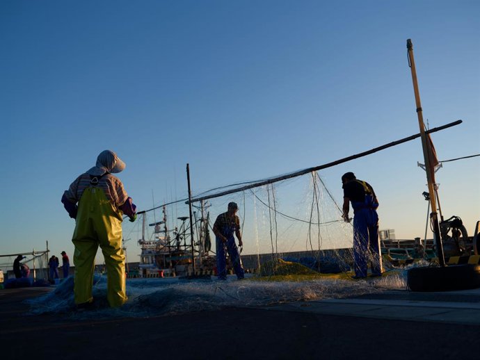 Archivo - FUKUSHIMA, Aug. 24, 2023  -- Fishermen dry fishing nets at Tsurishihama Fishing Port in Shinchi Town, Fukushima Prefecture, Japan, Aug. 23, 2023. Japan started releasing nuclear-contaminated wastewater from the crippled Fukushima Daiichi Nucle