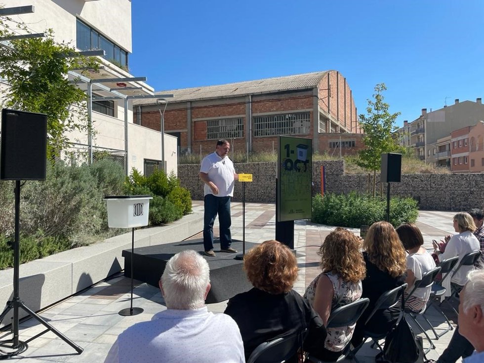 El presidente de ERC, Oriol Junqueras, en un acto del partido en Igualada (Barcelona) por el sexto aniversario del 1-O.