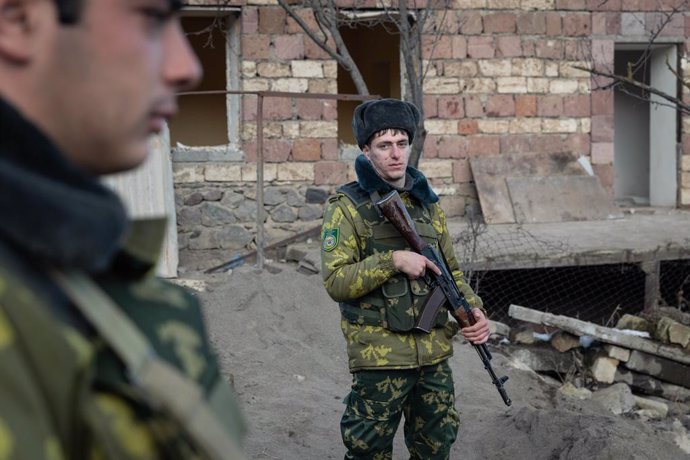 Archivo - January 4, 2021, Shurnukh, Armenia: Several young Armenian soldiers stand guard in the village. Under the ceasefire agreement, some land is returned to Azerbaijan, and half of this village will have to be ceded.
