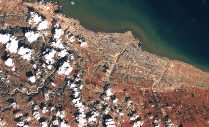 September 18, 2023, Libyan Arab Jamahiriya: This image shows: The Derna area on 18 September...These satellite images reveal the aftermath of torrential rainfall brought about by a cyclone in the Mediterranean, which inundated cities along the northeast