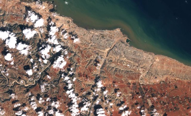 September 18, 2023, Libyan Arab Jamahiriya: This image shows: The Derna area on 18 September...These satellite images reveal the aftermath of torrential rainfall brought about by a cyclone in the Mediterranean, which inundated cities along the northeaster