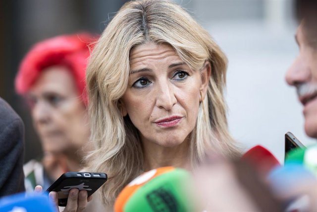 Yolanda Díaz, a su salida del Comité de Dirección y Ejecutivo de la Confederación Europea de Sindicatos (CES), en el Ministerio de Asuntos Exteriores, Unión Europea y Cooperación, a 28 de septiembre de 2023, en Madrid (España).