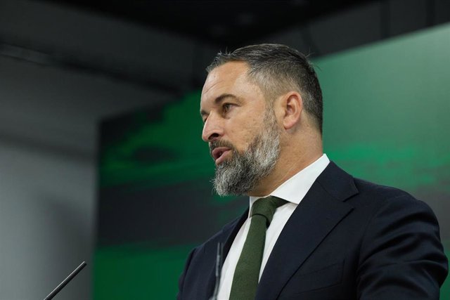 El presidente de Vox, Santiago Abascal, durante una rueda de prensa posterior a la reunión del Comité de Acción Política del partido, en la sede de Vox, a 4 de septiembre de 2023, en Madrid (España).