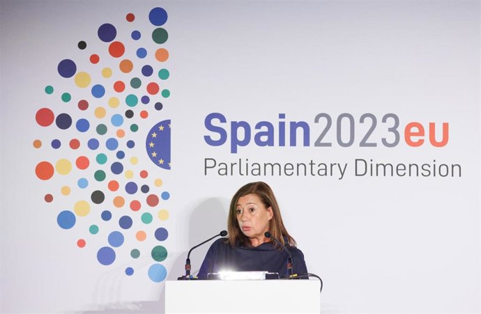 La presidenta del Congreso de los Diputados, Francina Armengol, interviene durante la inauguración de la Conferencia Interparlamentaria para la Política Exterior y de Seguridad Común y la Política Común de Seguridad y Defensa de la UE (PESC/PCSD)