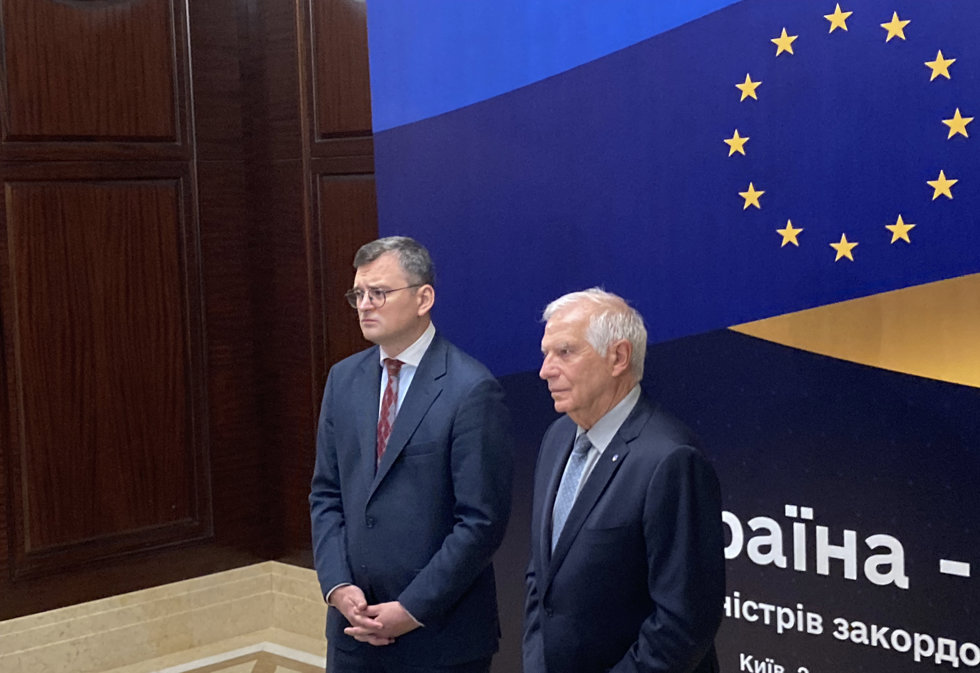 02 October 2023, Ukraine, Kiev: Ukrainian Foreign Minister Dmytro Kuleba (L) and EU High Representative for Foreign Affairs Josep Borrell speak at the opening of the informal EU Foreign Ministers Council in Kiev. Photo: Friedemann Kohler/dpa