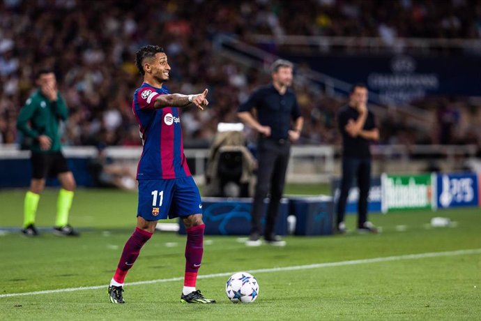 Raphinha of Fc Barcelona during the UEFA Champions League Group H  match played between FC Barcelona and Royal Antwerp FC at Estadi Olimpic Lluis Companys on September 19, 2023 in Barcelona, Spain.