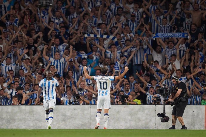 Mikel Oyarzabal of Real Sociedad reacts after scoring goal during the LaLiga EA Sports match between Real Sociedad and Athletic Club at Reale Arena on September 30, 2023, in San Sebastian, Spain.