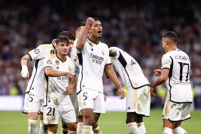 Jude Bellingham of Real Madrid celebrates a goal during the UEFA Champions League, Group C, football match played between Real Madrid and Union Berlin at Santiago Bernabeu stadium on September 20, 2023, in Madrid, Spain.