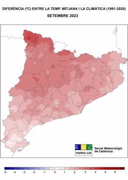 Mapa de septiembre de 2023 de diferencias de la temperatura mediana en Catalunya