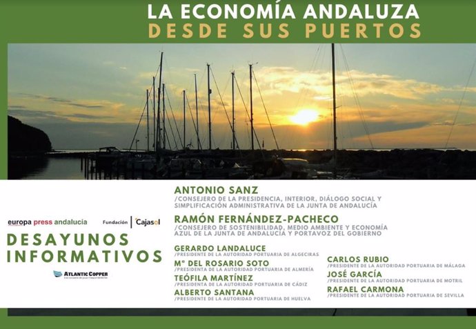 Cartel anunciador del encuentro informativo que Europa Press organiza el 4 de octubre en Sevilla titulado 'La economía andaluza desde sus puertos'