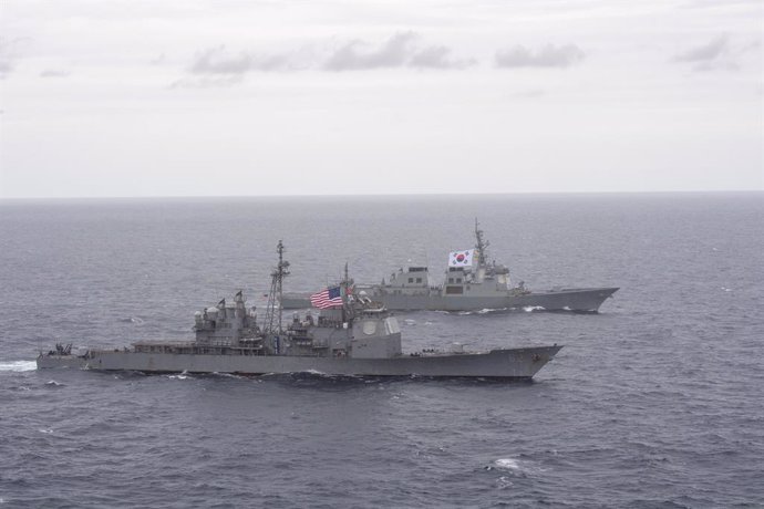 September 25, 2023, SOUTH KOREA: Sep 25, 2023-East Sea, South Korea-ROK and USA Navy take part in an joint drill near east sea, South Korea. The three-day exercise involved nine vessels and two patrol aircraft from the two sides, including two South Kor