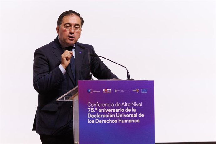 El ministro de Asuntos Exteriores, Unión Europea y Cooperación en funciones, José Manuel Albares, interviene durante la inauguración de la Conferencia de Alto Nivel, en el Ministerio de Asuntos Exteriores, Unión Europea y Cooperación, a 4 de octubre de 