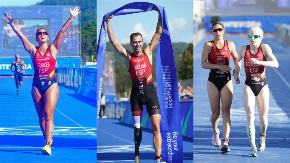 Marta Francés, Dani Molina y Susana Rodríguez durante los Mundiales de Pontevedra de Paratriatlón