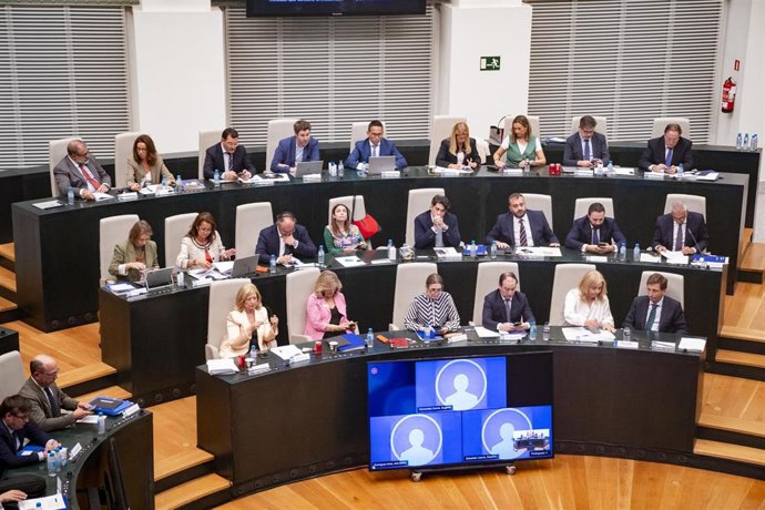 El alcalde de Madrid, José Luis Martínez-Almeida (en primera fila, 1d), durante el Pleno del Ayuntamiento de Madrid