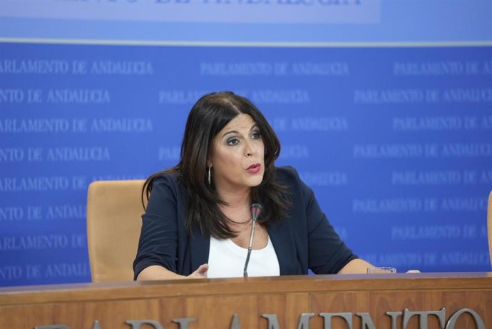 La portavoz del Grupo Socialista en el Parlamento andaluz, Ángeles Férriz, en rueda de prensa.