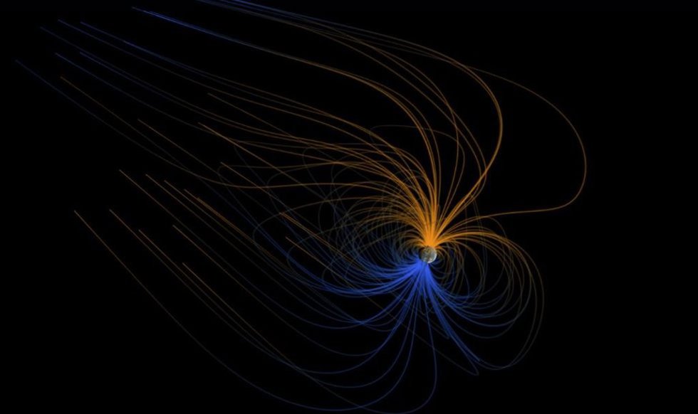 Una visualización científica de las líneas del campo magnético que forman la magnetosfera de la Tierra.