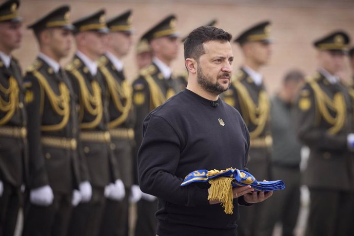 October 1, 2023, Kyiv, Kiev Oblast, Ukraine: Ukrainian President Volodymyr Zelenskyy holds a military insignia during the celebration of the Day of Defenders of Ukraine at the Kyiv Fortress, October 1, 2023 in Kyiv, Ukraine.