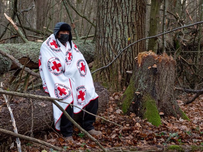 Archivo - November 9, 2021, Narewka, Poland: An elderly man from Dohuk sits on a tree trunk and covers himself with the Red Cross blanket provided by Grupa Granica organization..A refugee family of seventeen, including nine children from Dohuk, Iraq, sp