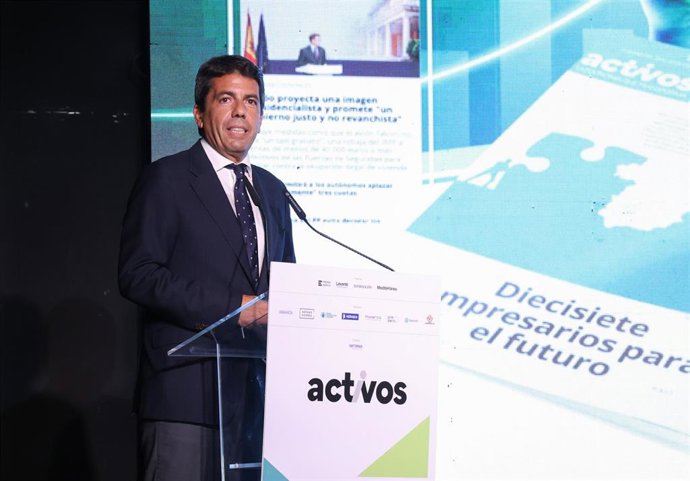 El 'president' de la Generalitat, Carlos Mazón, durante el acto de presentación del suplemento económico 'Activos' del Grupo Prensa Ibérica