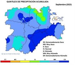 Mapa elaborado por la Aemet para ilustrar el balance de las precipitaciones del mes de septiembre de 2023