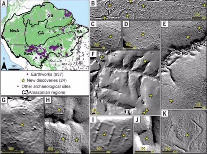 Distribución geográfica de movimientos de tierras geométricos precolombinos conocidos y recientemente descubiertos en la Amazonia.