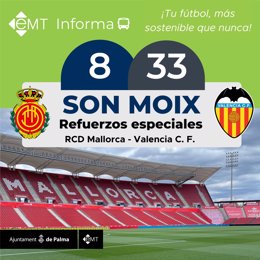 El Ayuntamiento de Palma pone un refuerzo especial de autobuses por el partido entre el Mallorca y el Valencia.