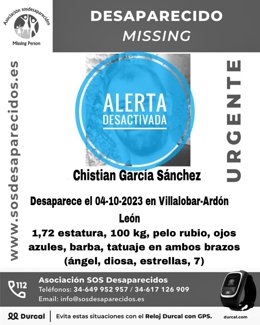 Cartel de alerta desactivada del hombre al que se le perdió la pista este miércoles en la localidad leonesa de Villalobar