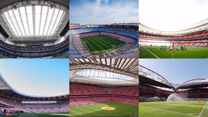 Los estadios Santiago Bernabéu, Spotify Camp Nou, Cívitas Metropolitano, La Cartuja, San Mamés y A Luz (Lisboa).