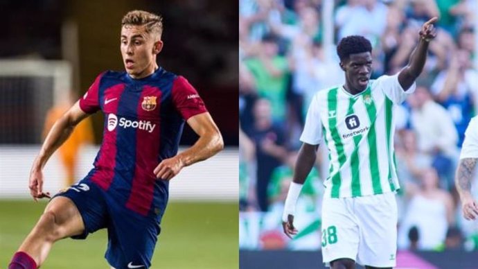 El jugdor del FC Barcelona Fermín López, y el delantero del Real Betis Assane Diao.