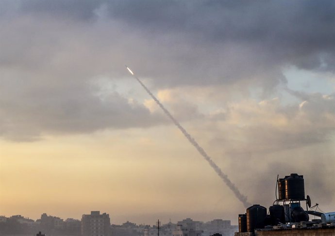 October 7, 2023, Gaza City, The Gaza Strip, Palestine: Rockets are fired by Palestinian militants into Israel, in Gaza October 7, 2023.