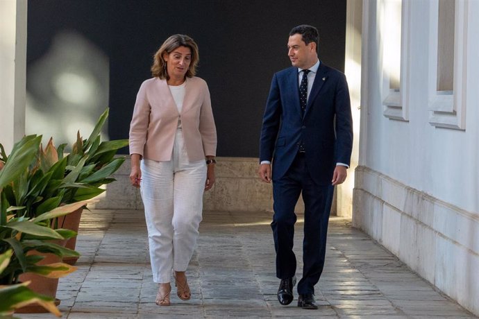 El presidente de la Junta de Andalucía, Juanma Moreno (d) y la vicepresidenta tercera del Gobierno y ministra para la Transición Ecológica y el Reto Demográfico en funciones, Teresa Ribera (i), en su reunión en San Telmo.