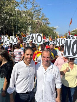 El diputado del PP en el Congreso y el concejal de Pamplona, Sergio Sayas y Carlos García Adanero, respectivamente, en la manifestación en contra de la amnistía.