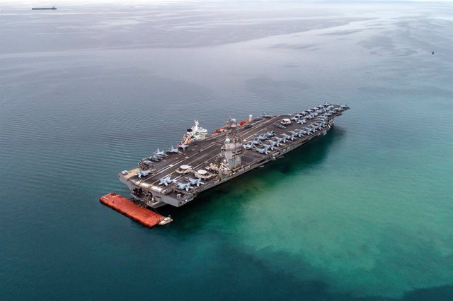 September 18, 2023, Trieste, Italy: EDITOR'S NOTE: (Image taken with a drone).American aircraft carrier USS Gerald R. Ford as seen from the air anchored in Italy in the Gulf of Trieste. The USS Gerald R. Ford is the largest warship in the world