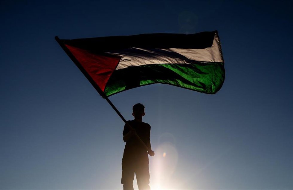Manifestante portando la bandera palestina