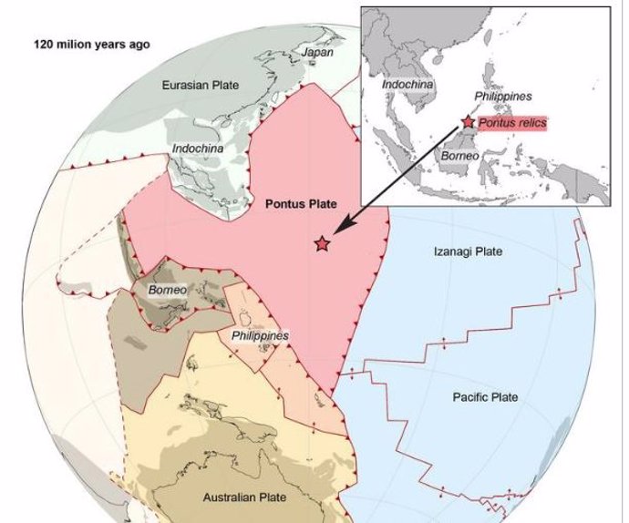 La placa oceánica del Ponto reconstruida por Suzanna van de Lagemaat: su ubicación en el océano paleo-Pacífico hace 120 millones de años y sus reliquias actuales.