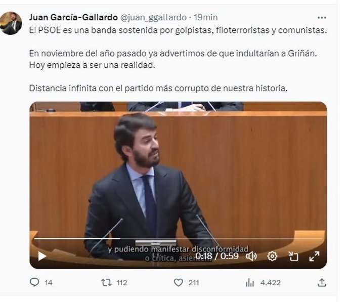 Captura del texto publicado por el vicepresidnete de la Junta en la red social 'X'.