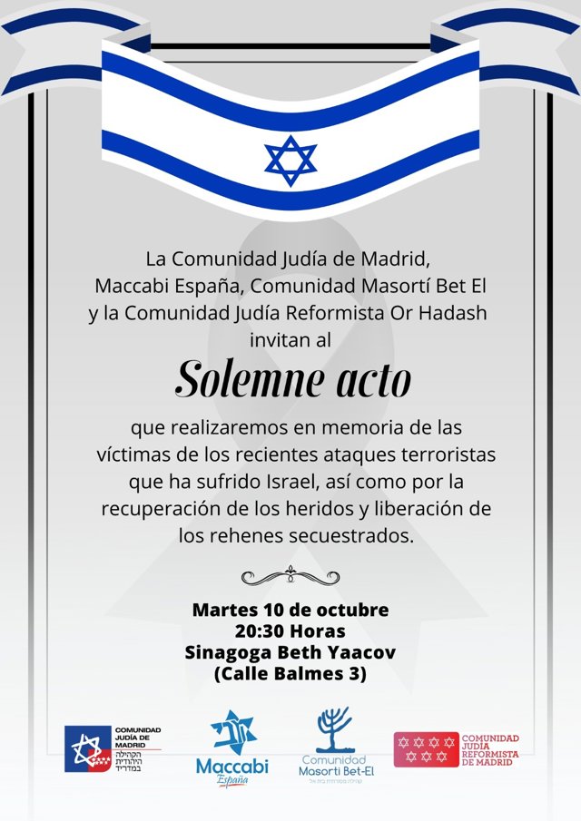 Judíos se concentran mañana frente a la Embajada de Israel en un acto solemne en memoria de las víctimas de Hamás