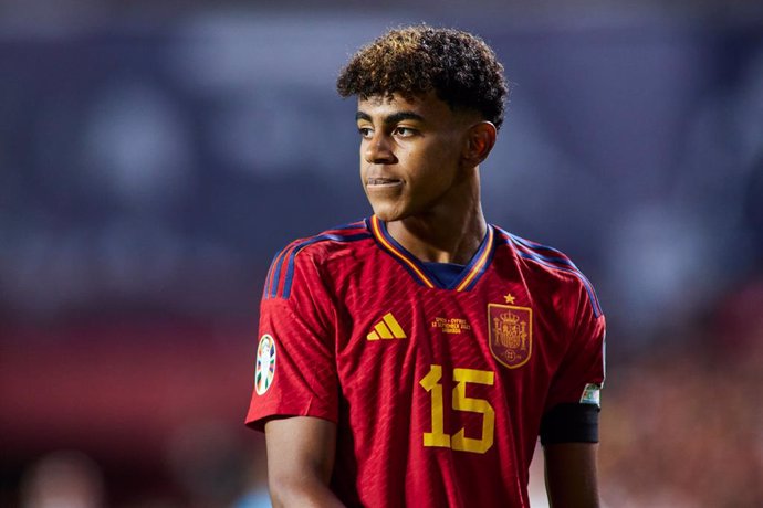 Lamine Yamal of Spain looks on during the UEFA EURO 2024 European qualifier match between Spain and Cyprus at Los Carmenes stadium on September 12, 2023, in Granada, Spain.