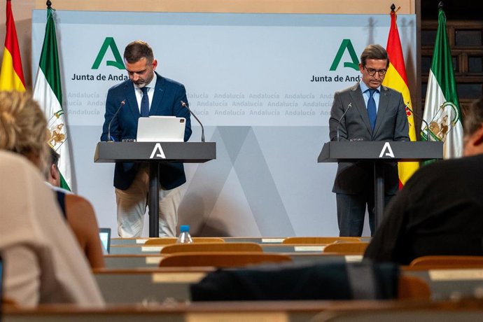 El consejero de Sostenibilidad, Medio Ambiente y Economía Azul y portavoz del Gobierno, Ramón Fernández-Pacheco (i); y el consejero de Industria, Energía y Minas, Jorge Paradela (d),durante la rueda de prensa en el Palacio de San Telmo. A 10 de octubre 