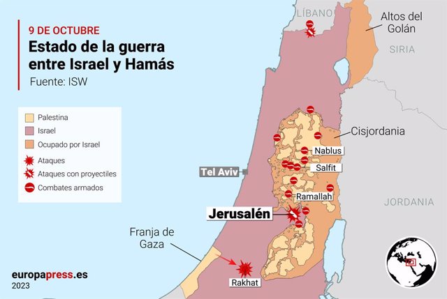 Mapa con el estado de la guerra entre Israel y Hamás el 9 de octubre de 2023.