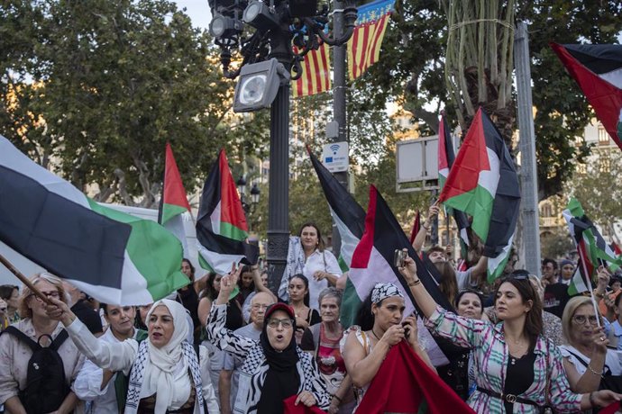 Manifestantes sostienen banderas palestinas durante la concentración Valncia con el pueblo palestinos: contra el apartheid y la limpieza étnica, en la plaza del Ayuntamiento de Valencia